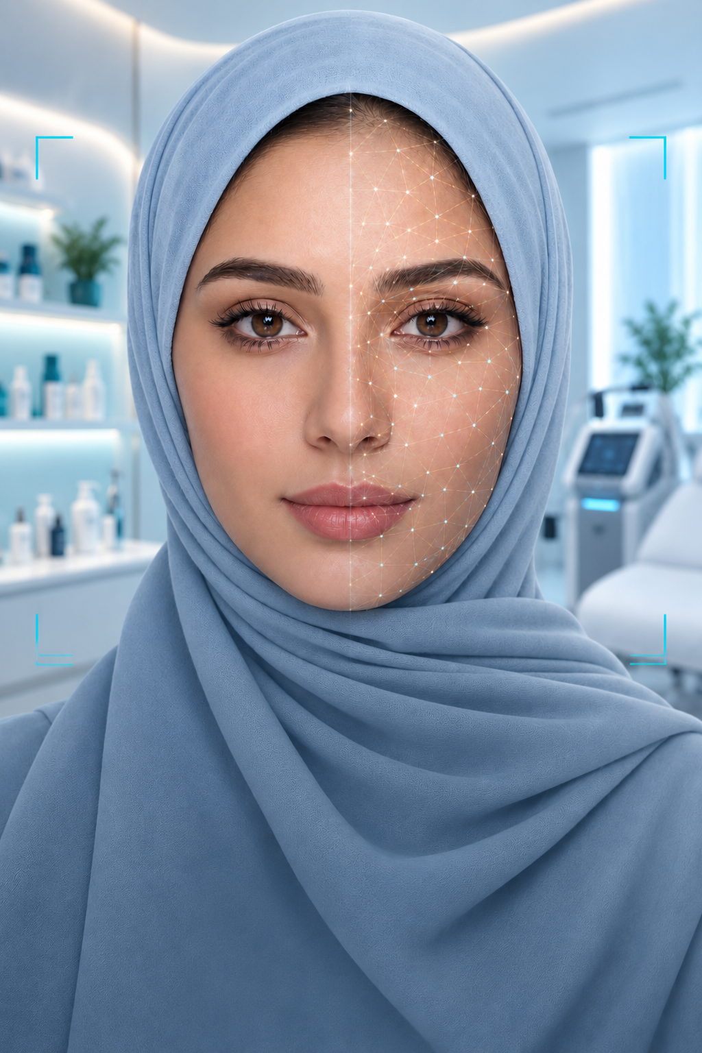 امرأة عربية ترتدي حجاباً أزرق داخل عيادة جلدية مع تأثير تحليل البشرة بالذكاء الاصطناعي